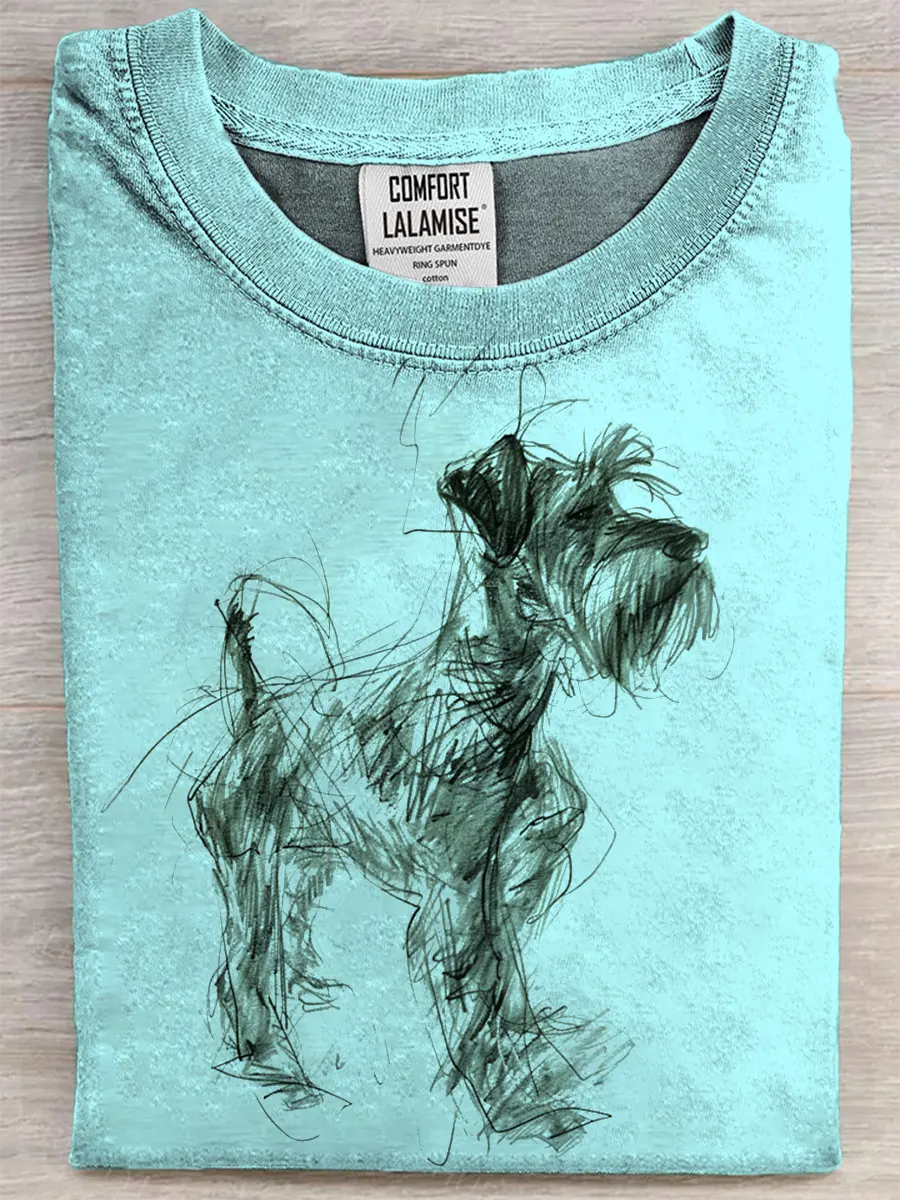 Retro Schnauzer Abstract Art Print Casual Pure Cotton Short Sleeved T-shirt