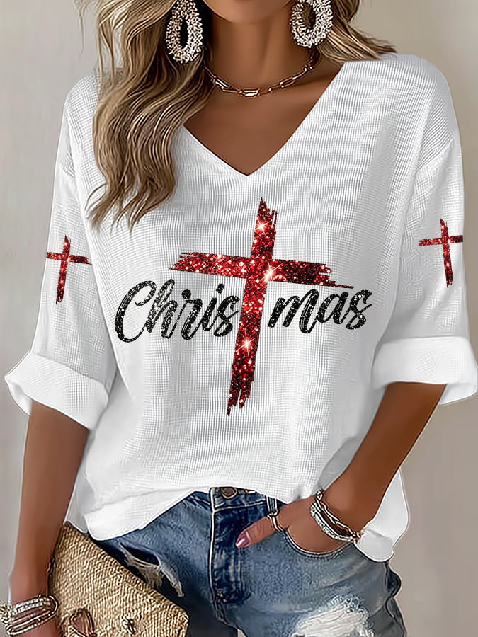 Women's Casual Printed Waffle Top