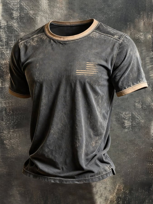Men's Retro-Print, Color-Block "Patriot" Casual Short-Sleeve T-Shirt