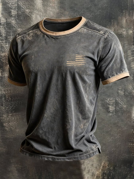 Men's Retro-Print, Color-Block "Patriot" Casual Short-Sleeve T-Shirt
