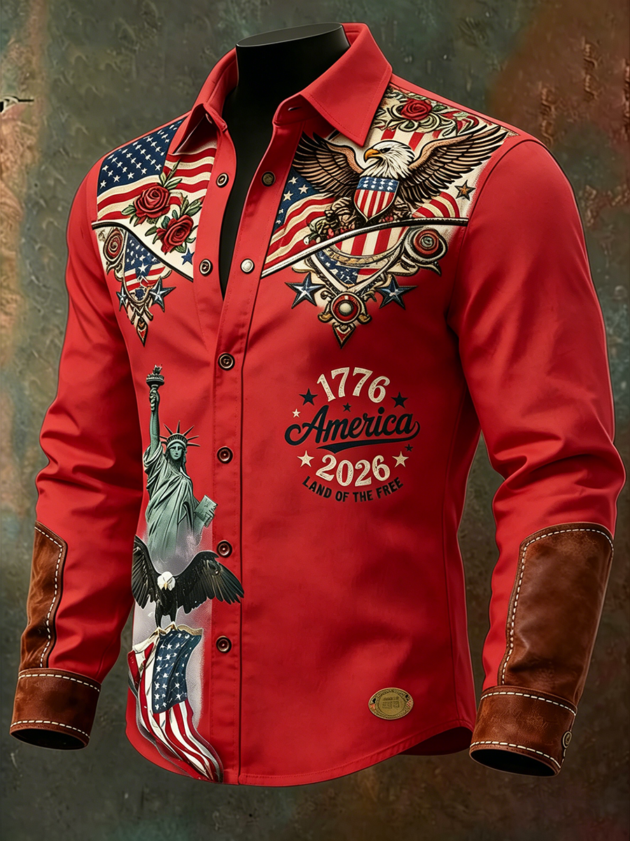 Men'S Casual American 250Th Anniversary Founding Lapel Long Sleeved Shirt