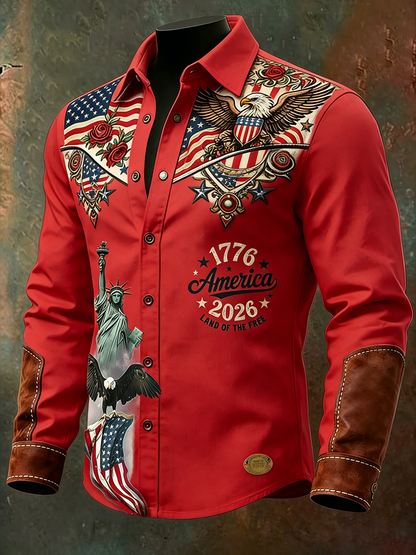 Men'S Casual American 250Th Anniversary Founding Lapel Long Sleeved Shirt