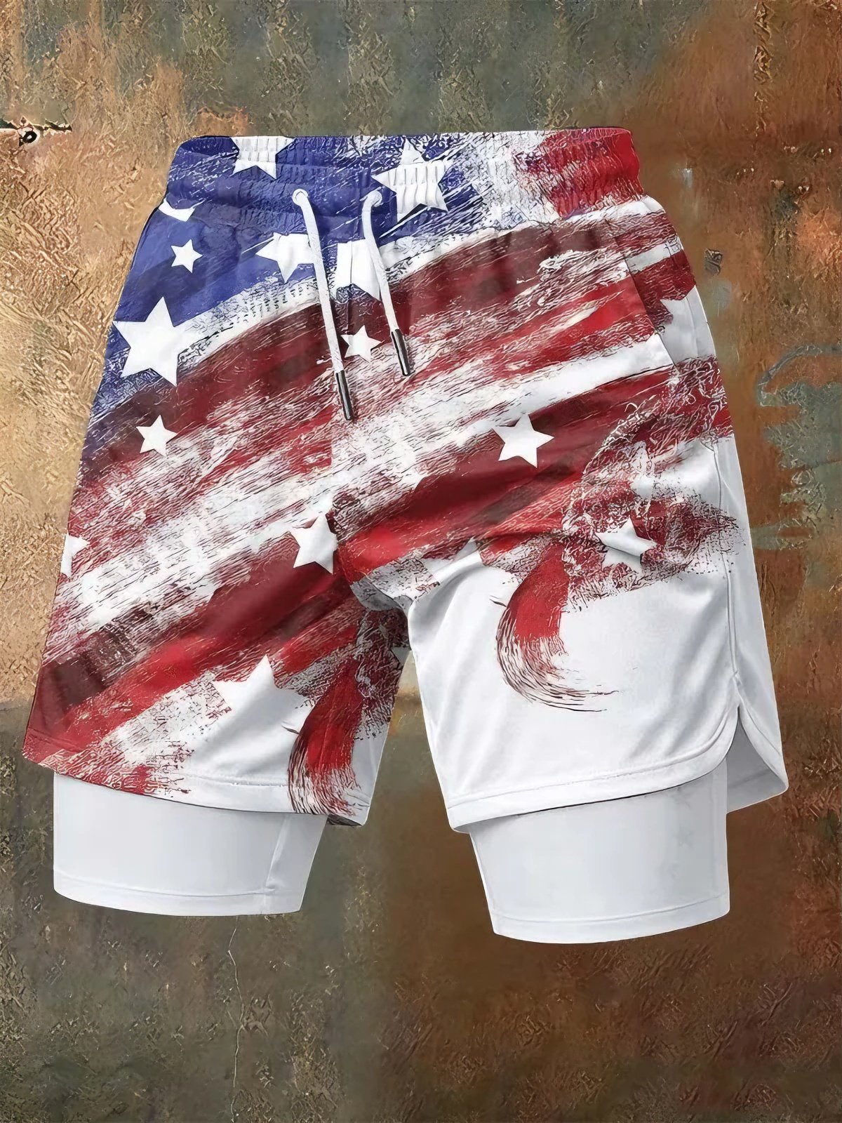 Men'S Independence Day Founding Celebration Printed Pattern Slim Fit Double Layer Sports Elastic Belt Quick Drying Breathable Shorts