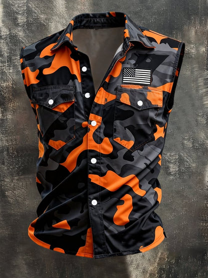 Men's Retro Patriotic Color-Block Printed Sleeveless Shirt