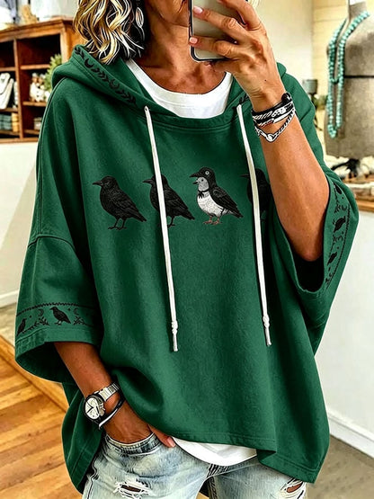 Women's Halloween Crow Print Hooded Sweatshirt