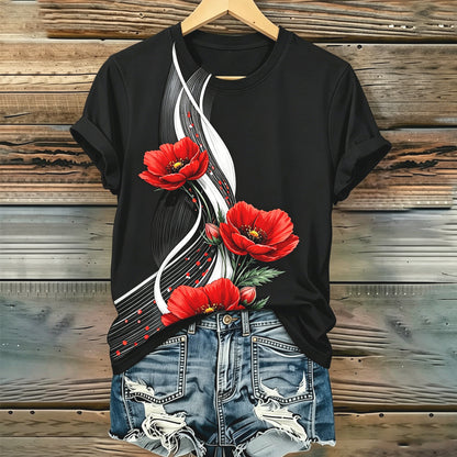 Women's Memorial Day Poppy Art Printed T-Shirt