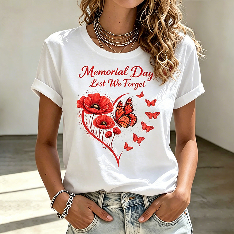 Women's Memorial Day Cat Poppy Art Printed T-Shirt