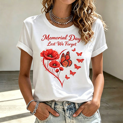 Women's Memorial Day Cat Poppy Art Printed T-Shirt