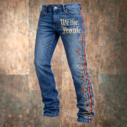 Retro US 250th Anniversary Print Casual Men's Jeans