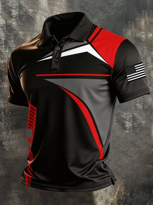 Men's Retro Patriotic Color-Block Short-Sleeve Polo Shirt