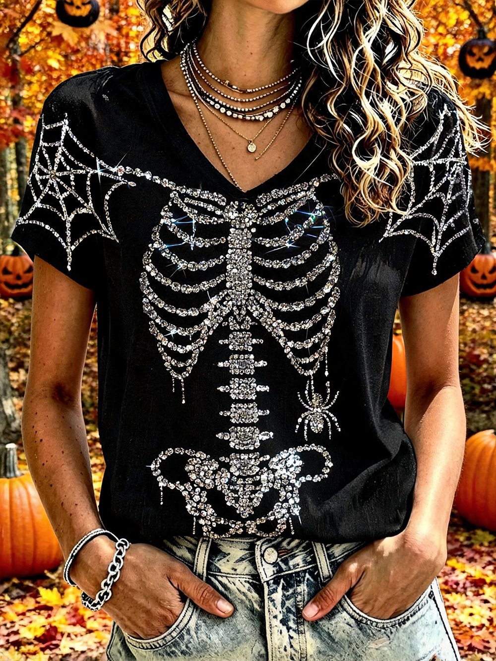 Women's Halloween Rhinestone Skull Print V-Neck Short-Sleeve T-Shirt