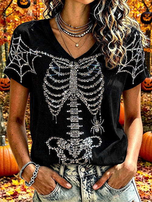 Women's Halloween Rhinestone Skull Print V-Neck Short-Sleeve T-Shirt