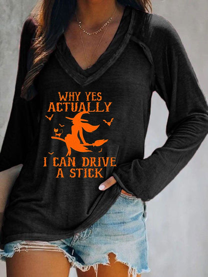 Women's Halloween Why Yes Actually I Can drive A Stick Casual V-Neck Long-Sleeve T-Shirt
