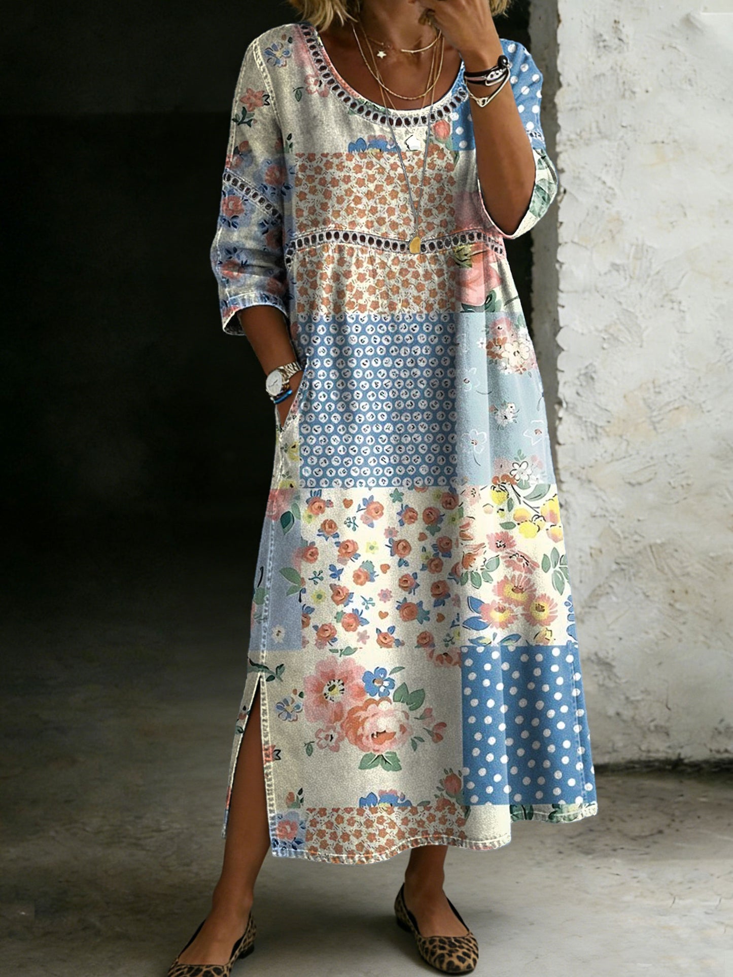Women’s Vintage Flower Print Casual Loose Denim Maxi Dress