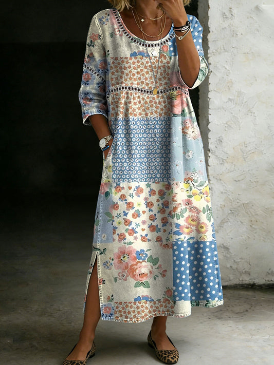 Women’s Vintage Flower Print Casual Loose Denim Maxi Dress