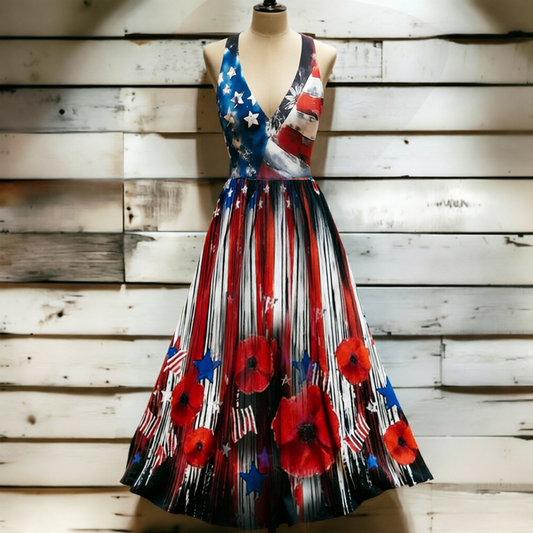 Women's Patriotic-Style Maxi Dress — Flowing Maxi Dress with American Flag and Poppy Floral Print
