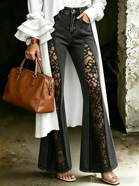 Women’s Causal Lace Patchwork Denim Flared Stylish Jeans