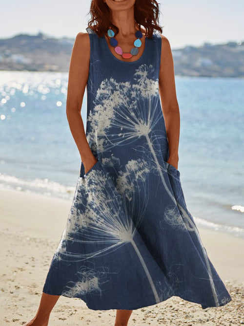 Womens Dandelion Print On Blue Background Pocket Pinafore Linen Dress