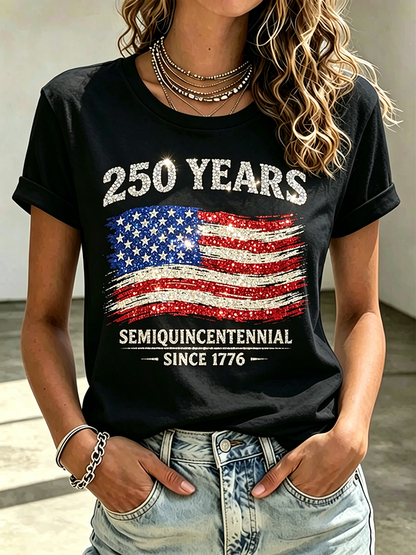 Ladies' Casual American 250Th Anniversary Commemorative Sequin Personalized Printed Round Neck Short Sleeved T-Shirt