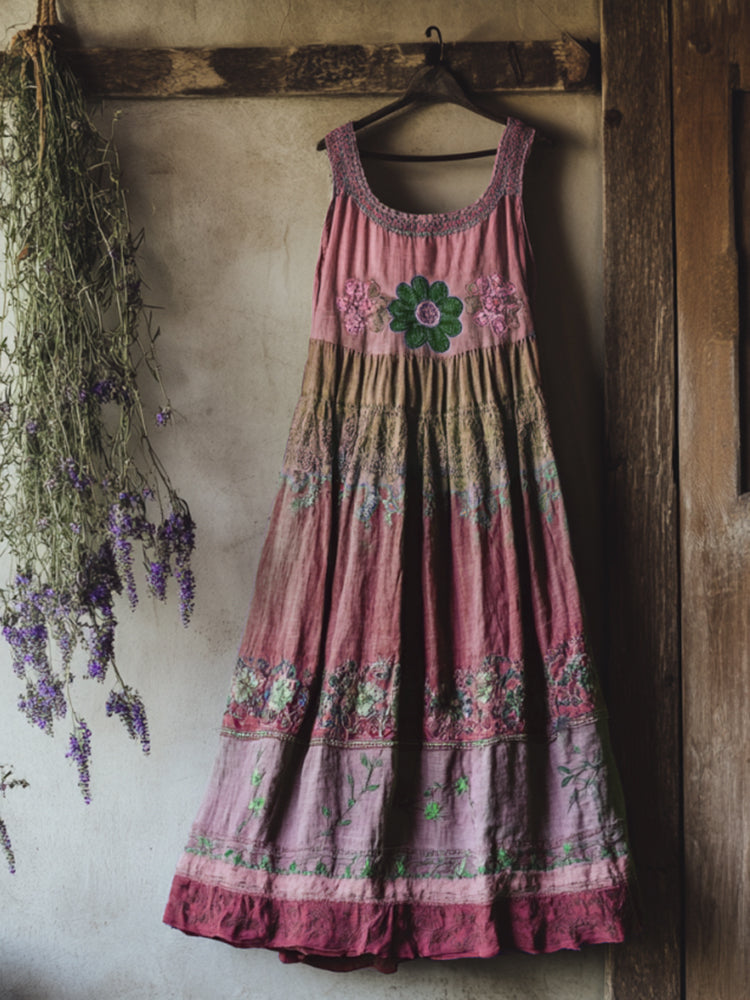 Vintage Bohemian Lavender Patchwork Art Printed Sleeveless  Cozy Linen Maxi Dress
