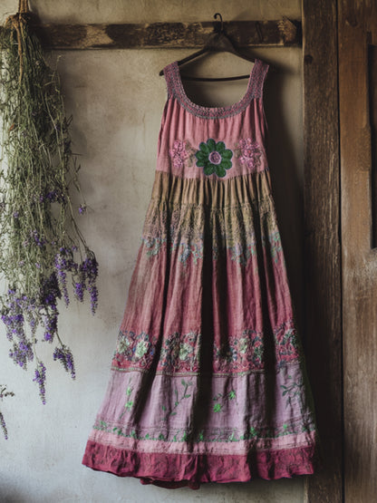 Vintage Bohemian Lavender Patchwork Art Printed Sleeveless  Cozy Linen Maxi Dress