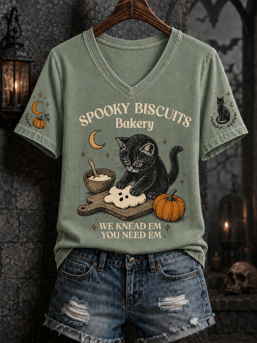 Women's Black Cat Halloween Print Tee