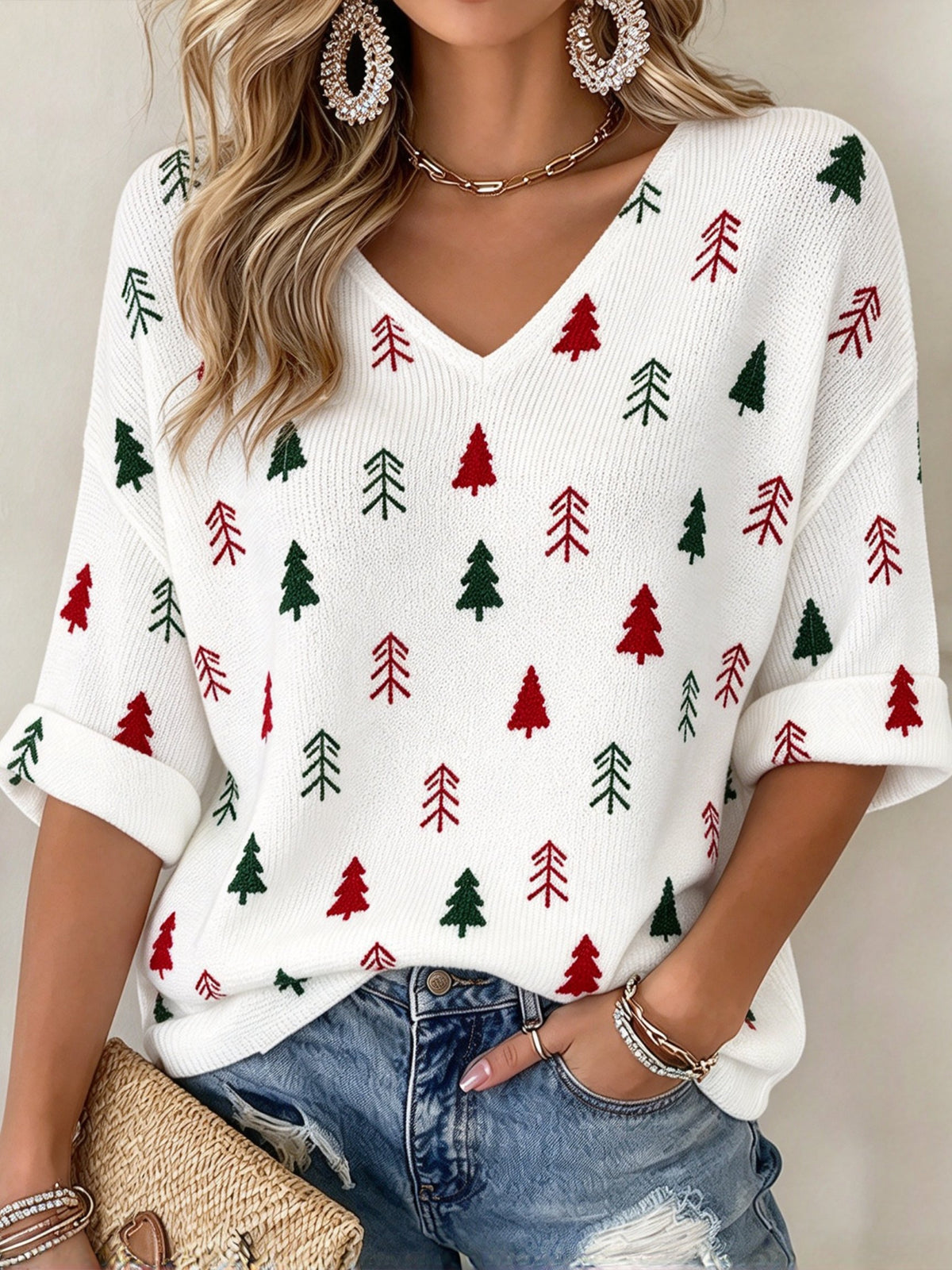 Women's Christmas Print Casual Waffle Top