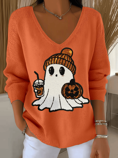 Women's Halloween Ghost Print Knit Long Sleeve Top
