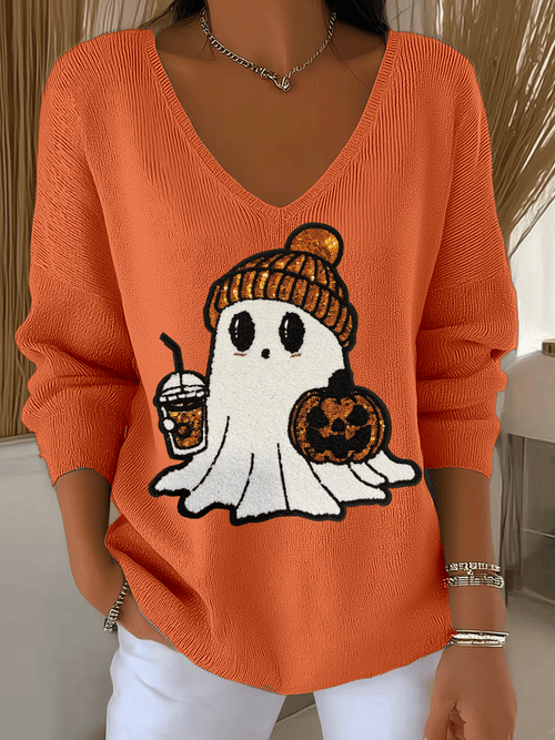 Women's Halloween Ghost Print Knit Long Sleeve Top