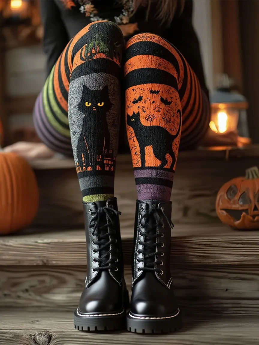 Women'S Casual Pit Stripe Knitted Halloween Themed Printed Elastic Leg