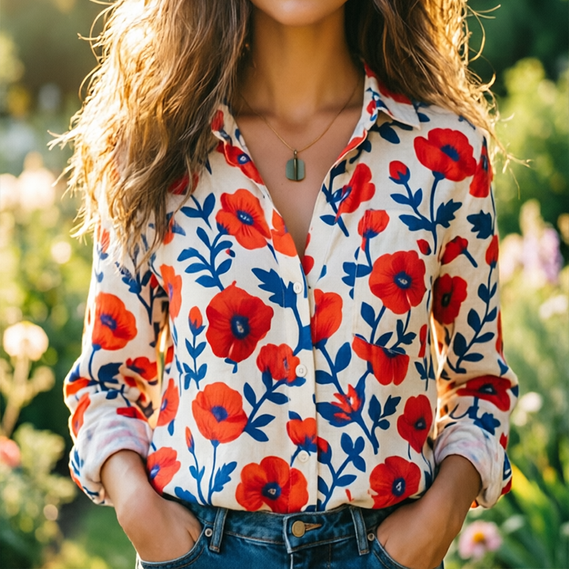 Women's "Memorial Day" Poppy Print Casual Shirt