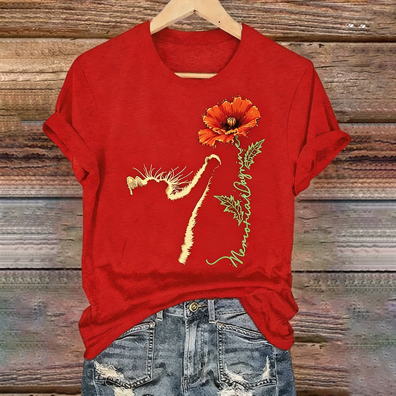 Women's Memorial Day Poppy Cat Art Printed T-Shirt