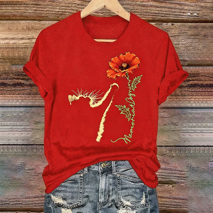 Women's Memorial Day Poppy Cat Art Printed T-Shirt