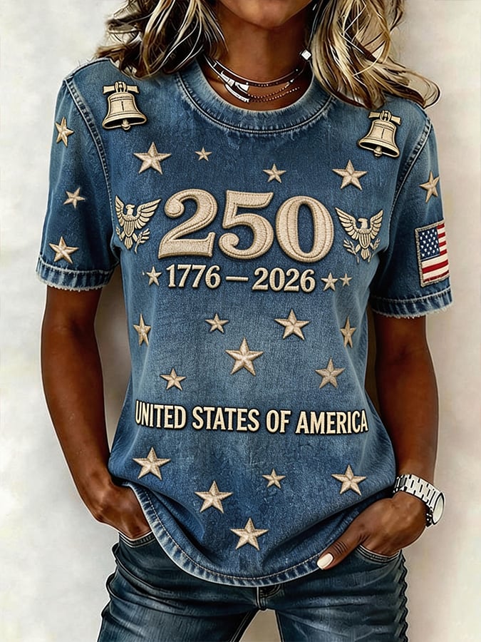 Women's 250th Anniversary  Retro Distressed Pattern Print Casual Short-Sleeve T-Shirt