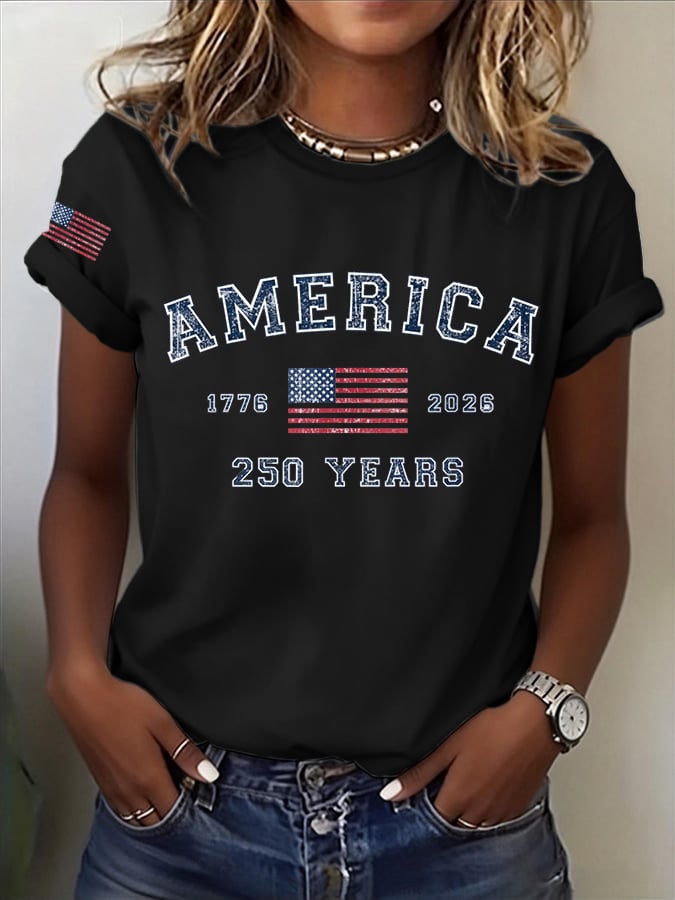 Women's American flag flowers Print Casual T-Shirt