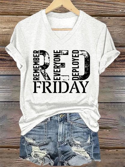 Women's On Fridays We Wear RED Remember Everyone Deployed Print V Neck T-shirt