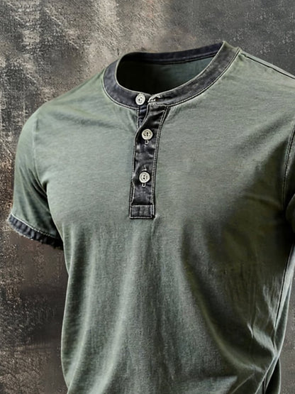 Men'S Vintage Washed Cotton Short-Sleeve Henley T-Shirt With Distressed Details