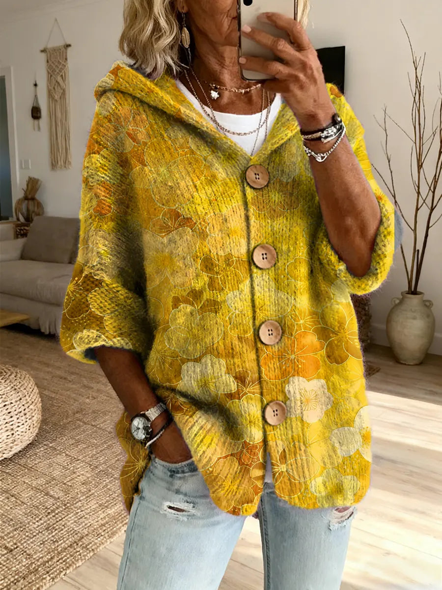 Ethnicity Colorful Flowers Women's Art Print Casual Hooded Cardigan Sweater