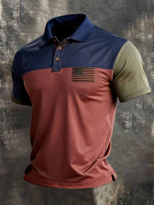 Men's Retro Patriot Color Block Polo Collar Short Sleeve