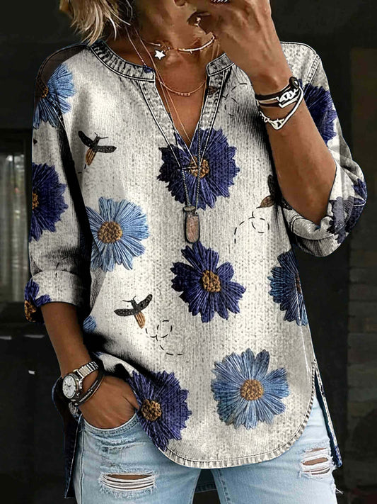 Women's Blue Daisies Floral Art Print Denim V-neck Henley Long-sleeved Shirt