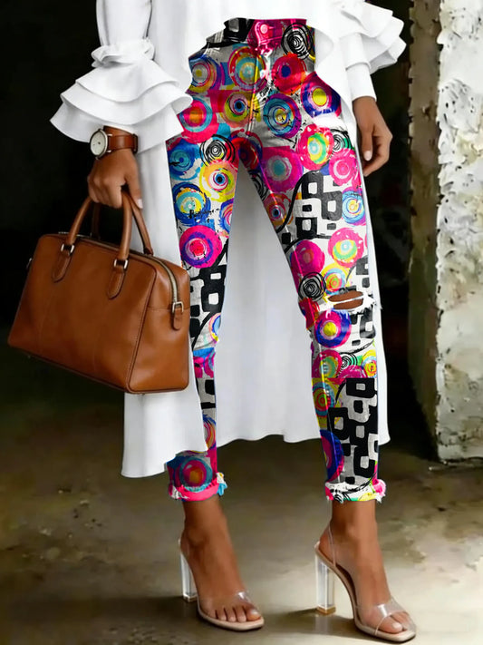 Women's Vintage Multicolor Floral Totem Print Casual High-waisted Ripped Skinny Jeans
