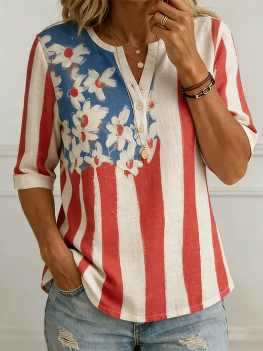 Women's Casual American 250th Anniversary Floral Print Shirt