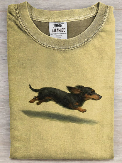 Funny Retro Cute Running Dog Art Print Casual Cotton Short Sleeve T-shirt