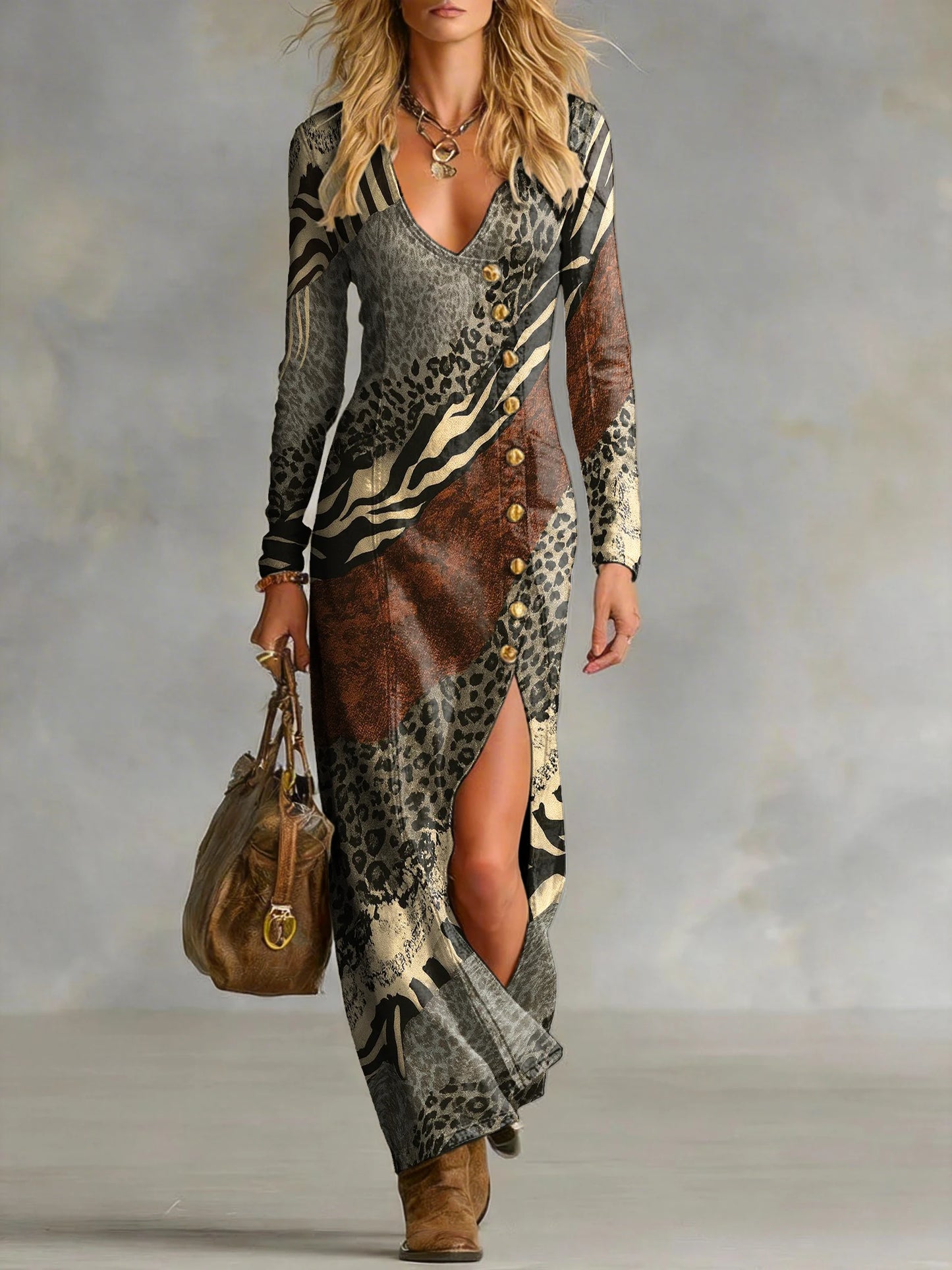 Women's Patterned Patchwork Art Print One-side Button Split Long Sleeve V-neck Denim Dress