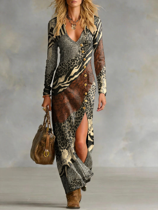 Women's Patterned Patchwork Art Print One-side Button Split Long Sleeve V-neck Denim Dress