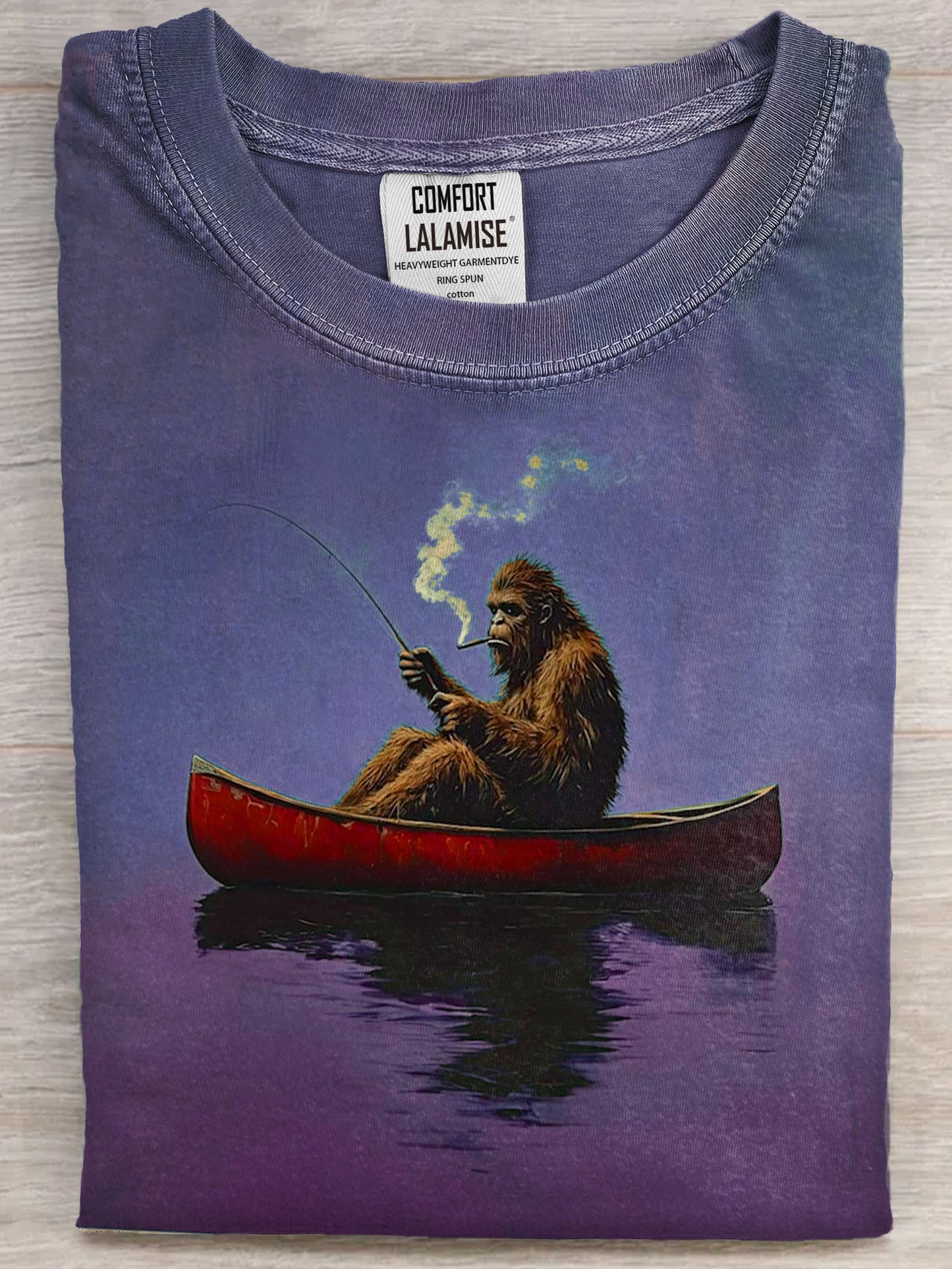 Bigfoot on a Red Canoe Fishing Retro Art Print Casual Short Sleeve T-shirt