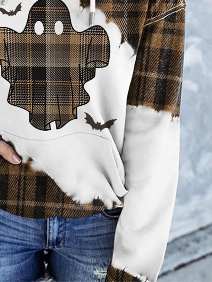 🔥HOT SALE🔥Retro Halloween Ghost & Bats Flannel Plaid Print Hoodie