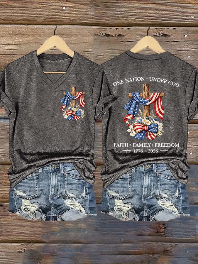 Women's USA 250 Years One Nation Under God Print V Neck T-shirt