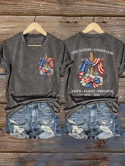 Women's USA 250 Years One Nation Under God Print V Neck T-shirt