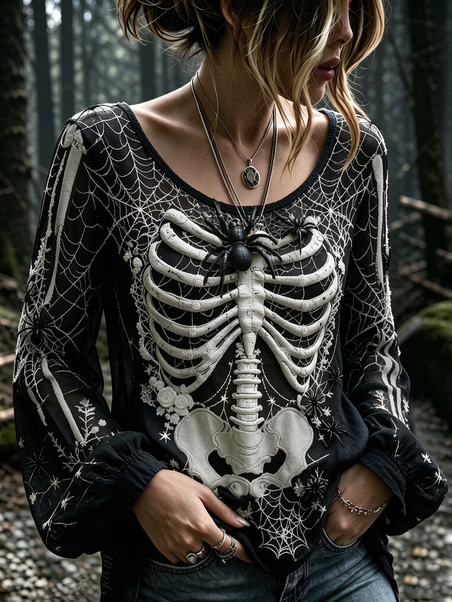 Women'S Halloween Vintage Gothic Spider Web Human Skeletal And Rose Ar